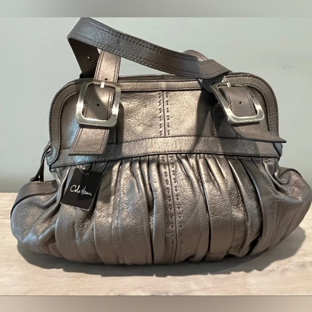 Cole Haan Rouched Vintage Silver Leather Satchel New With Tags